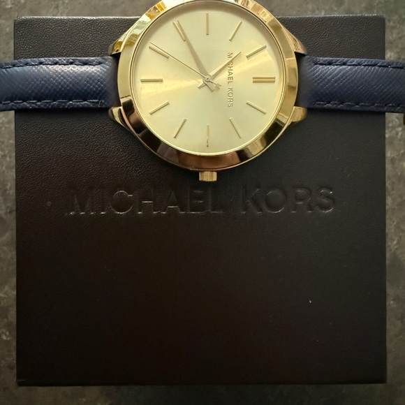 Michael Kors Gold Dial Watch with Slim Navy Blue Leather Strap - Picture 3 of 12